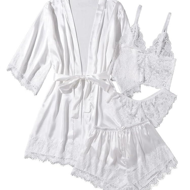 WDIRARA Women' Silk Satin Pajamas Set 4pcs Lingerie Floral Lace Cami Sleepwear with Robe