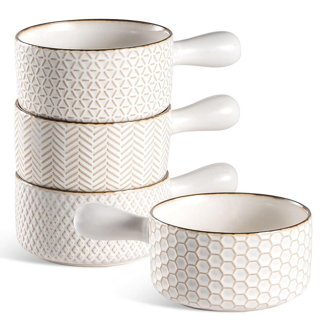 Gooditour French Onion Soup Bowls - 20 Oz Ceramic Soup Crocks with Handles - Embossed Stoneware Bowls for Soup Chili Beef Stew - Microwave Dishwasher Oven Safe - Set of 4