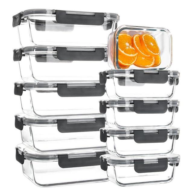 SHYRC Glass Food Storage Containers, 10 Pack Glass Meal Prep Container, Leak Proof, Glass Storage Containers with Lids, Ideal for Food Storage, Lunch, On-the-Go, Leftover - Grey