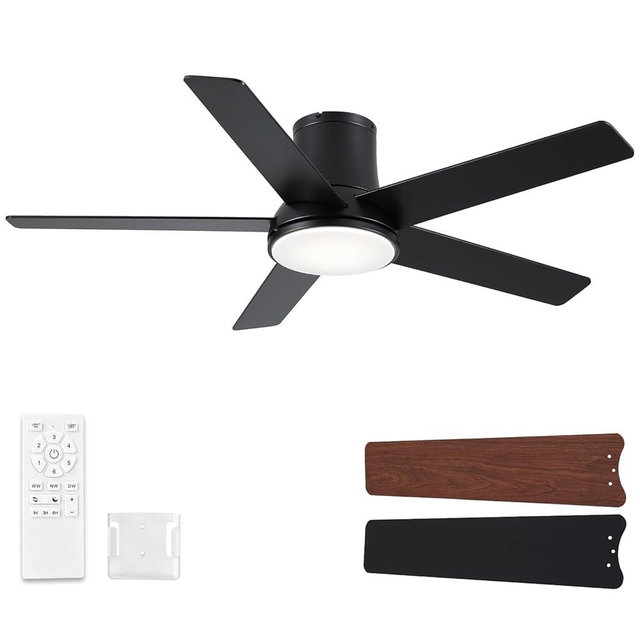 Realmate 52 Inch Ceiling Fans with Lights and Remote, Flush Mount Black Ceiling Fan for Bedroom Living Room Indoor/Outdoor, Quiet 6 Speed Reversible DC Motor, 3CCT, Dual Color 5 Blades, ETL Listed