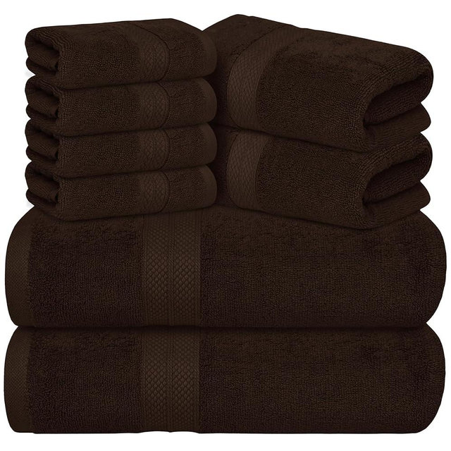 Avalon Towels Luxury 8 Piece Chocolate Towels Set, 2 Bath Towels, 2 Hand Towels and 4 Washcloths, 600 GSM 100% Ring Spun Cotton Highly Absorbent Chocolate Bathroom Towels, Ideal for Hotel, Spa and Gym