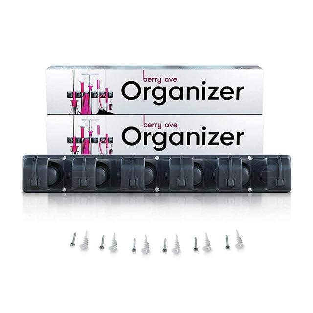Berry Ave Broom Holder & Wall Mount Garden Tool Organizer- Kitchen, Closet, Garage & Laundry Room Storage With 5 Slots And 6 Hooks- Wall Holder For Broom, Rake & Mop Handles Up To 1.25” [Black, 2 Pack]