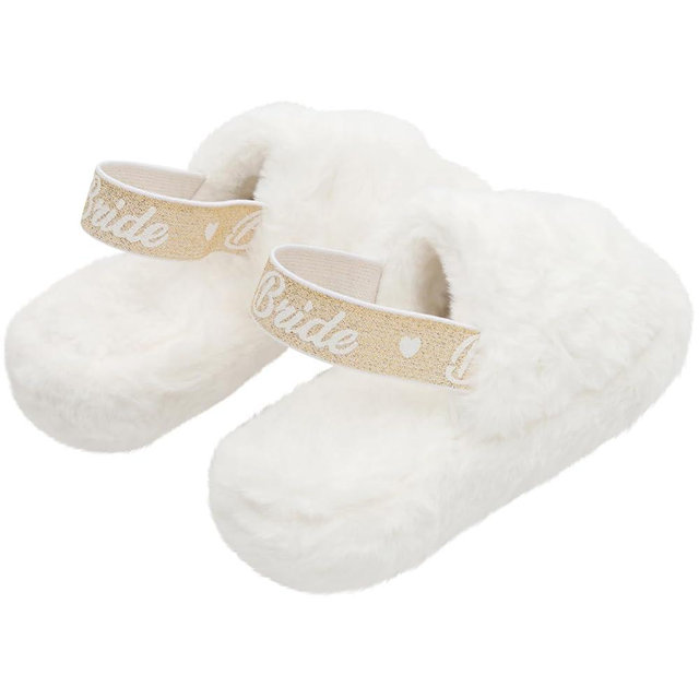 Bride Slippers - Bride Gifts for Bridal Shower, Bachelorette Party, Engagement Party, Wedding Day, etc. - Cozy White Fur Slippers with Cute Gold Elastic Strap for Bride to Be