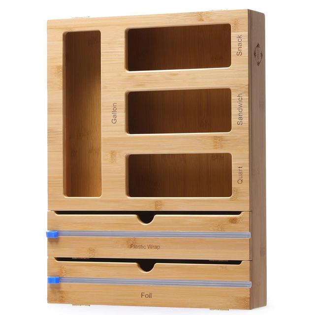 Bamboo Ziplock Bag Storage Organizer for Kitchen Drawer With 3 Layer Top by SWILLT- Food Storage Bag Holder, 2 in 1 Foil and Plastic Wrap Dispenser Cutters - Compatible with Ziplock, Hefty, Glad