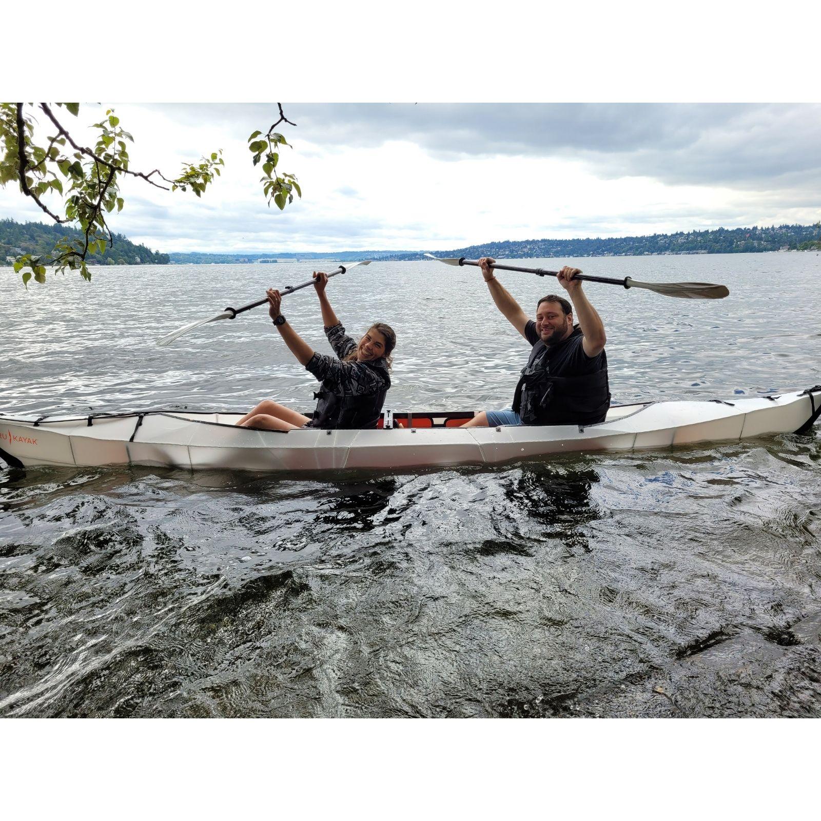 Out on the kayak! TEAMWORK! (meaning Sam gets to relax in the back seat)