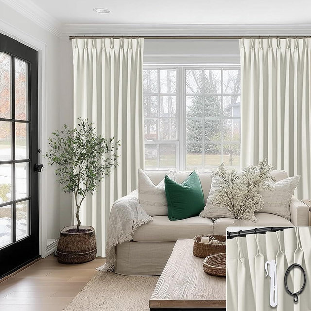 SHINELAND Thermal Curtains for Summer Heat Blocking,Pinch Pleated Blackout Cream Linen Reducing Keep Out Heat Reflective Curtains for Living Room Bedroom 84 Inches Long