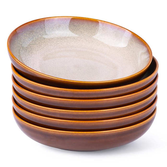 LERATIO Large Pasta Bowls,38oz Ceramic Pasta Bowls,9.0" Reactive Glaze Pasta Bowl Set of 6,Microwave & Dishwasher,Oven Safe,Wide Serving Bowls for Salad,Pasta,Fruit,Scratch Resistant-Khaki