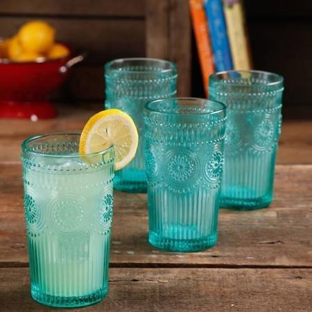 The Pioneer Woman - Set of 4, Dishwasher Safe, 16-Ounce Emboss Glass Tumblers, Turquoise