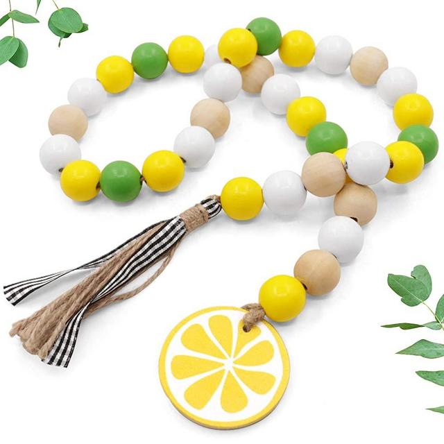 Huray Rayho Lemon Wood Bead Garland Farmhouse Rustic Beads with Jute Buffalo Plaid Tassles Yellow Lemonade Slice Summer Home Natural Country Chic Décor