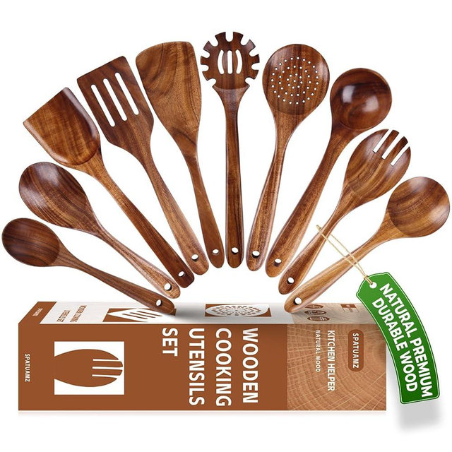 SPATUAMZ Teak Wood Spoons for Cooking, Elegant Wooden Cooking Set of 10, Excellent Kitchen Cooking Utensils Set for Home
