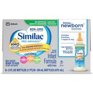Similac Pro-Advance Infant Formula with 2’-FL HMO for Immune Support, Ready to Feed Newborn Bottles, 2 fl oz, 8 bottles (Pack of 6)