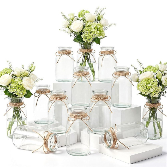 Ninehaoou 12 Pcs Glass Flower Vases with Rope Design Centerpieces Boho Cylinder Bud Vases Vintage Small Clear Bud Vase Centerpiece Cylinder Bottle for Weddings Home Decor Tabletop Decoration