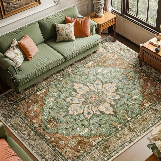 RELEANY Area Rugs 8'x10' Washable Non-Slip, Floral Vintage Distress Print Pattern Medallion Carpet for Living Room Bedroom Dining Room, Brick Red Rust Red Neutral