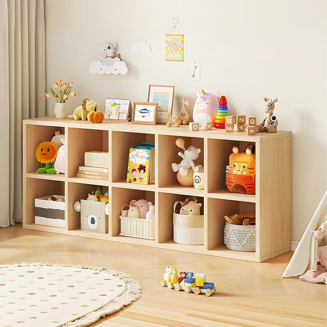 WOOOFA 10 Cube Storage Organizer, Cubby Storage Organizer, Cube Shelf with Back Plate, Wooden Kids Bookcase for Toy, Solid Wood Cube Storage for Living Room/Bedroom/Hallway/School, Easy to Install