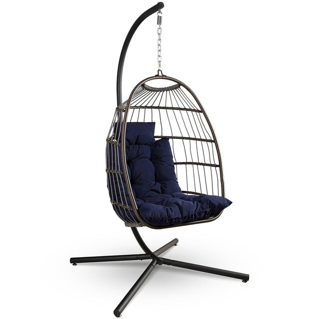 SereneLife Egg Chair with Stand – Hanging Rattan Wicker Swing for Indoor Outdoor Use – 350 lbs Capacity, Breathable Cushion & Headrest – Patio, Balcony, Porch, Bedroom Lounge Furniture