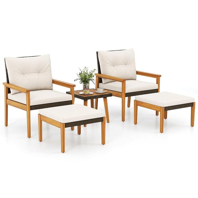 Tangkula 5 Piece Rattan Furniture Set, Wood Frame Chairs & Ottomans w/Square Coffee Table, Space Saving Cushioned Wicker Patio Conversation Set for Backyard, Poolside (Off White)
