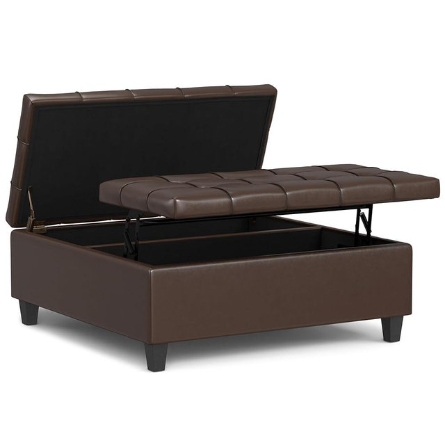 SIMPLIHOME Harrison 40 inch Wide Transitional Square Large Coffee Table Storage Ottoman in Chocolate Brown Vegan Faux Leather, Assembled, for The Living Room and Bedroom