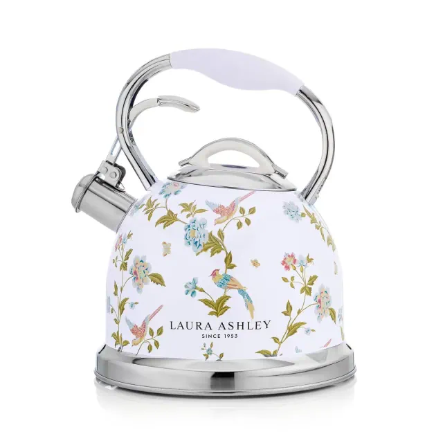 Laura Ashley Stovetop Kettle White: Stainless Steel Lid & Tea Maker, Rubber Handle, 1-Year Warranty, 101 oz Capacity