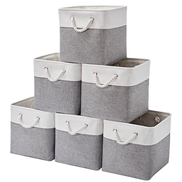 ISEMINGLA 13 x 13 Inch Storage Cubes,6 Pack Cube Storage Bins for Shelves，Fabric Collapsible Storage Bins with Handles, Foldable Storage Basket for Organizing Clothes, Toys, Books (White&Gray)
