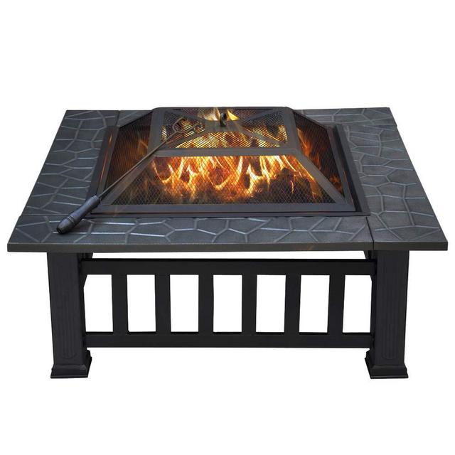 Yaheetech 32" Outdoor Metal Firepit Square Table Backyard Patio Garden Stove Wood Burning Fire Pit with Spark Screen, Log Poker and Cover