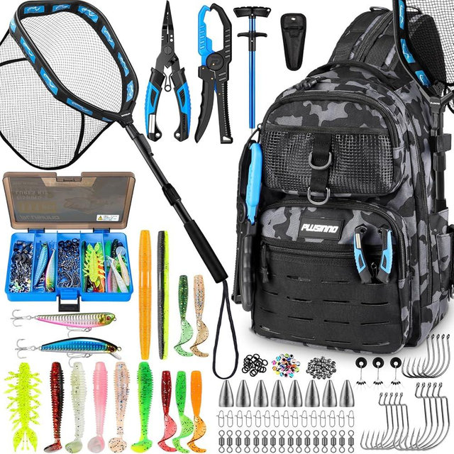 PLUSINNO Fishing Backpack with Fishing Gear Fishing Net, Waterproof Tackle Backpack with Rod Holders, Tackle Box, Lures, Tools, Pliers & Accessories, Fish Gifts for Men