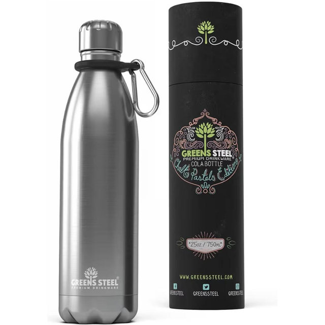 Greens Steel Stainless Steel Water Bottle - 25 oz, Steel | Vacuum Insulated Double Wall with Screw Lid/Leak Proof | Thermal Travel Sports Canteen Coffee Flask