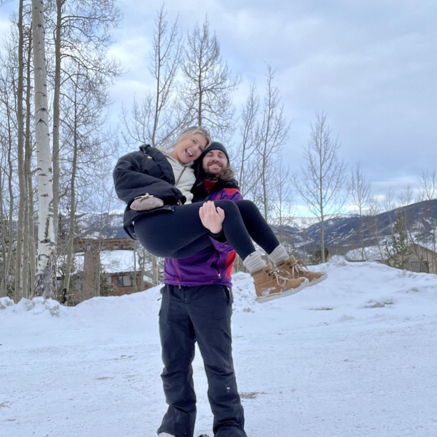 A big part of Taylor's life has always been snowboarding. Betsy has tagged along on many ski trips and Taylor even taught her how to ski in 2024!...This is still very much a work in progress.
