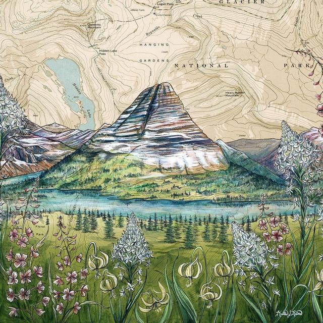 Glacier National Park Art, Glacier NP painting, Montana painting print illustration, Hidden Lake Montana mountain print, hiker wilderness
