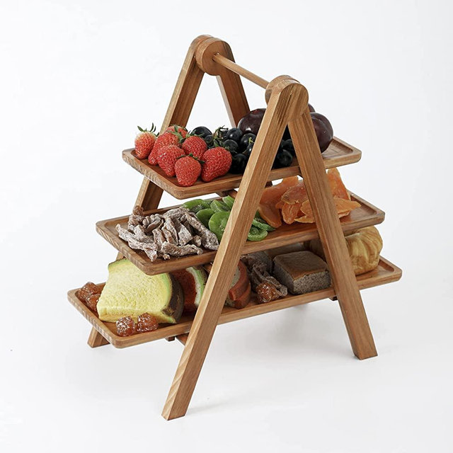 Tivamiko 3 Tier Serving Tray, Wood Serving Platter with Collapsible Stand for Picnic Party