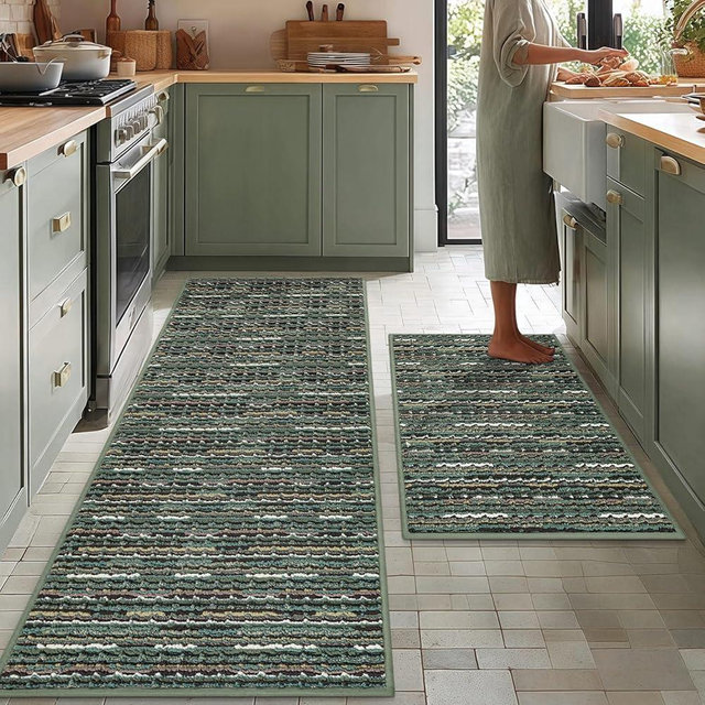 Kitchen Rugs Sets of 2-Non Slip Kitchen Mats for Floor-Thick Stain Resistant Vintage Kitchen Floor Mat Runner Carpet for Hallways Entryway Laundry Room Washable（Green 22"x59"+20"x32"）