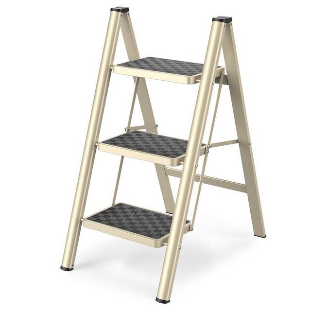 HBTower 3 Step Ladder Folding Step Stool, 330 Lbs Capacity Step Stool for Adults, Closet Step Stool Ladder with Anti-Slip Wide Pedals Household Office, Champagne Gold
