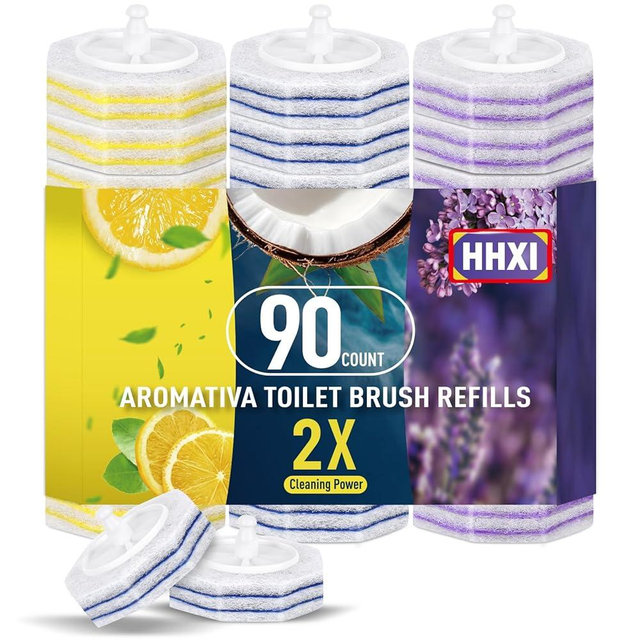 HHXI 90Ct Aromative Toilet Brush Refills, Toilet Bowl Cleaner Refills, Double-Layer Cleaning Pads Added, Disposable Refill Heads for Toilet Bowl Cleaner Wands，Lemon, Blue Ocean, Lavender （Patented）