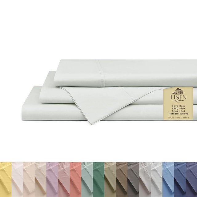 100% Cotton Percale Sheets King Size, Dove Grey, Deep Pocket, 4 Pieces Sheet Set - 1 Flat, 1 Deep Pocket Fitted Sheet and 2 Pillowcases, Crisp Cool and Strong Bed Linen