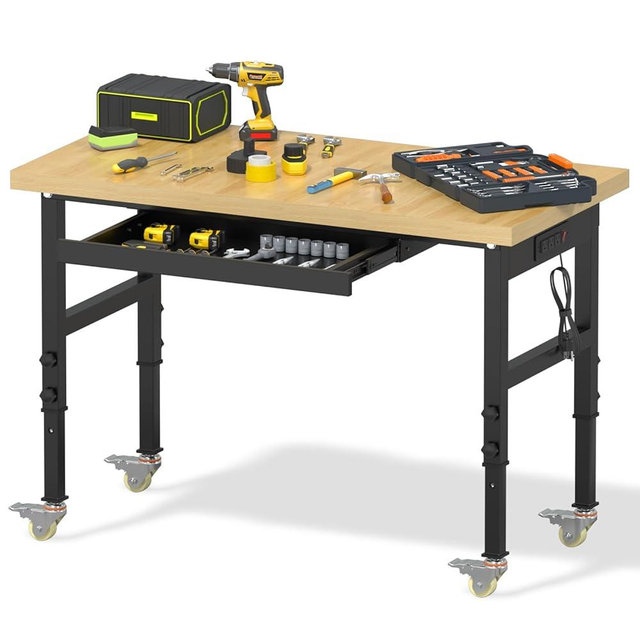 Granper 48" Work Bench with Drawers, Portable Workbench with Wheels and Power Outlets, Heavy-Duty 3000 LBS Capacity Wood Work Table for Garage, Workshop, Office, Home
