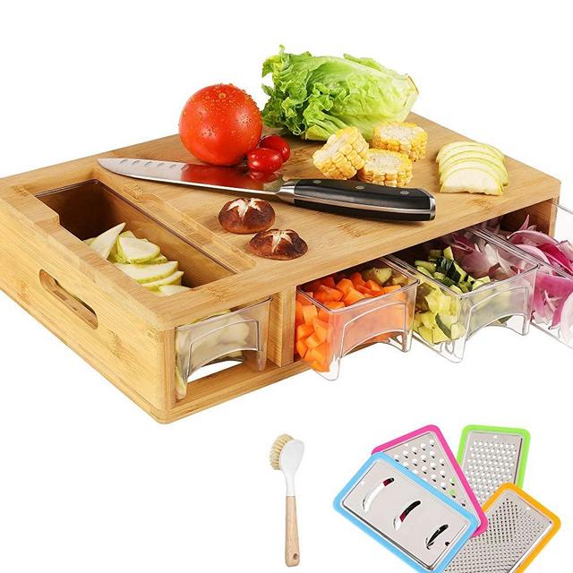 HOMECHO Bamboo Cutting Board with Trays/Containers - 15.7"Lx10.6"W Chopping Board with Graters, Food Sliding Opening, Easy-grip Handle, Serving Board for Kitchen, Restaurants