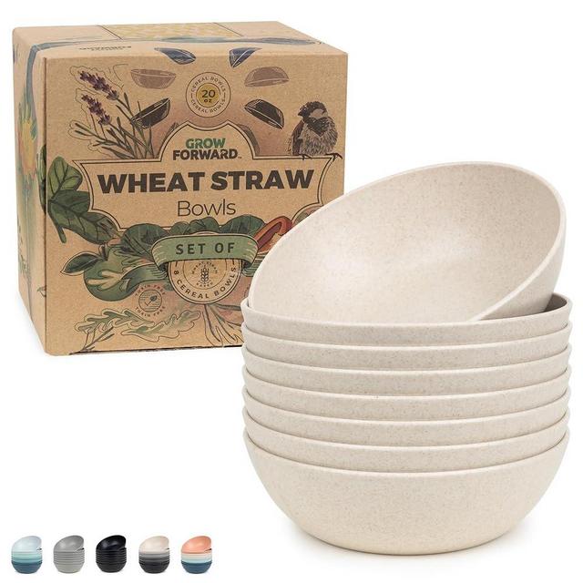 Grow Forward Premium Wheat Straw Cereal Bowls - 20oz Reusable Small Plastic Bowls Set of 8 - Unbreakable BPA-Free Dishwasher & Microwave Safe Soup Bowls for Kitchen, Camping, RV - Sahara