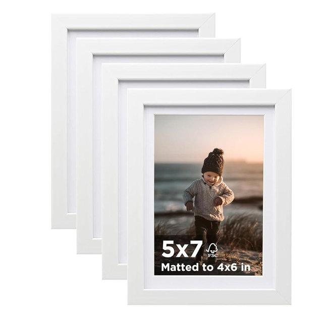 KINLINK 5x7 Picture Frame White Set of 4, Wooden Photo Frames Matted 4x6 with Plexiglass for 4x6 with Mat or 5x7 without Mat for Table and Wall Display