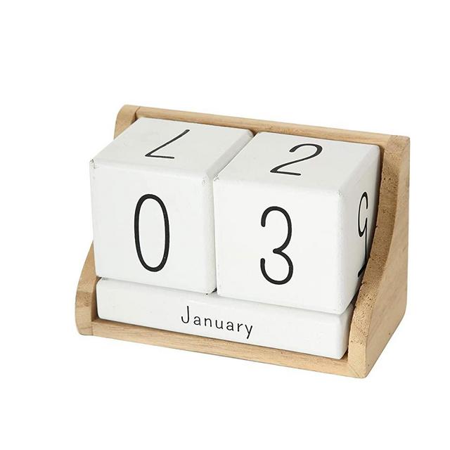 WHW Whole House Worlds The Rustic Perpetual Block Calendar, Desktop Accessory, Wood, White and Natural, 5 1/2 L x 2 3/4 W x 3 1/2 H Inches