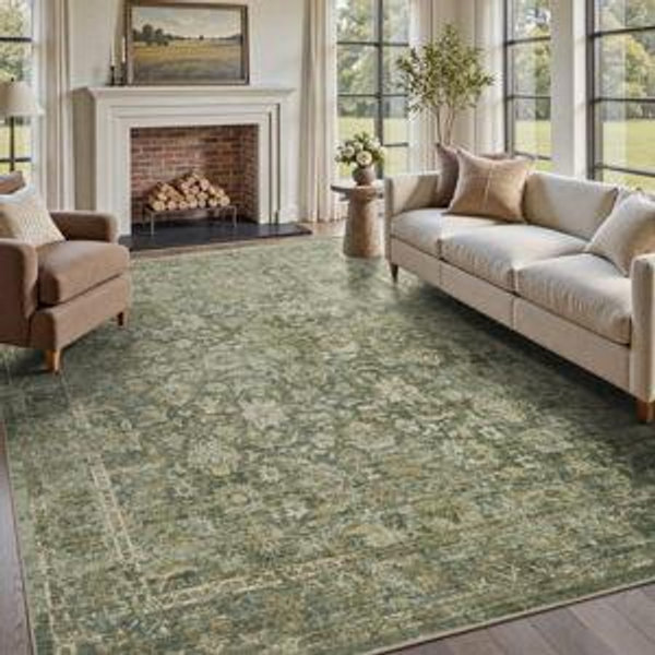 Soft Non-Slip Washable Vintage Floral Area Rug Sage Green - Green, Rectangle 9' x 12'