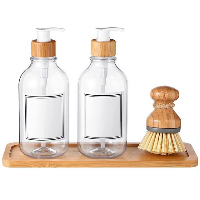 4 Pieces Kitchen Soap Dispenser Set 16 oz Dish Soap Dispenser with Bamboo Pump Soap Tray and Dish Brush Bathroom Soap Dispenser Set with Waterproof Labels for Hand Soap Dish Soap Lotion (Transparent)