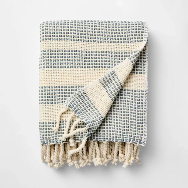 50"x60" Throw Border Stripe Woven Medium Blue and Cream - Threshold™ designed with Studio McGee