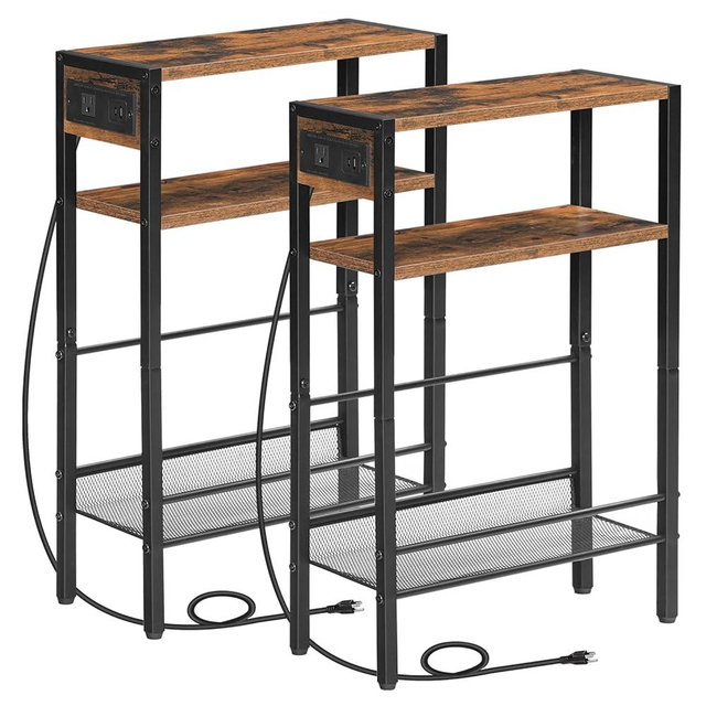 HOOBRO Small Narrow Side Table with Charging Station Set of 2, Skinny End Table for Small Spaces, Slim Nightstand with USB Ports Outlet, Sofa Beside Table with Storage Shelf BF102UBZP201
