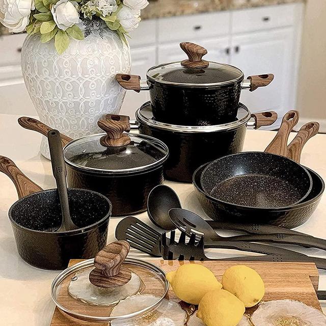 Induction Kitchen Cookware Sets Nonstick - Granite Hammered Pan Set Dishwasher Safe Cooking Pots and Pans Set