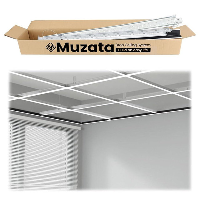 Muzata 64 Sq Ft Drop Ceiling Gird System White Complete Set Galvanized Steel Grid Kit Easy Installation for Basement Living Room Kitchen Bathroom Ceiling, TS04
