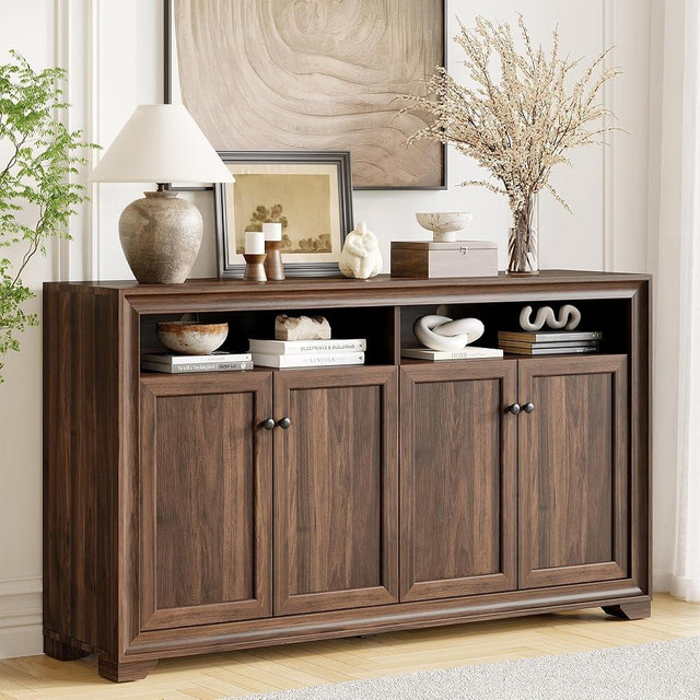 60 Inches Sideboard Buffet Cabinet with Storage, 4 Doors Large Sideboard, Kitchen Cabinet with Open Shelf & Adjustable Shelf, Kitchen Coffee Bar Console Table for Living Room, Hallway, Brown
