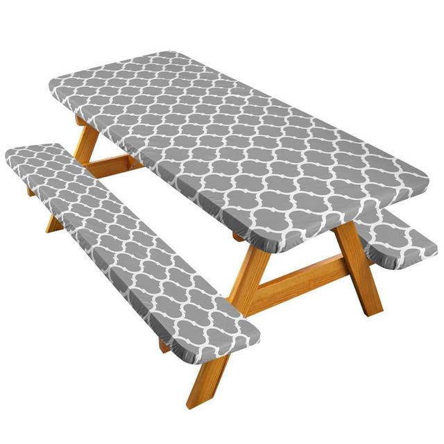 Aksipo Vinyl Picnic Tablecloths and Bench Covers, Waterproof Picnic Table and Bench Seat Covers with Elastic Edges for Outdoor Patio Park, Gray Moroccan Trellis Flannel Backing, 72 Inch 3 Piece Set