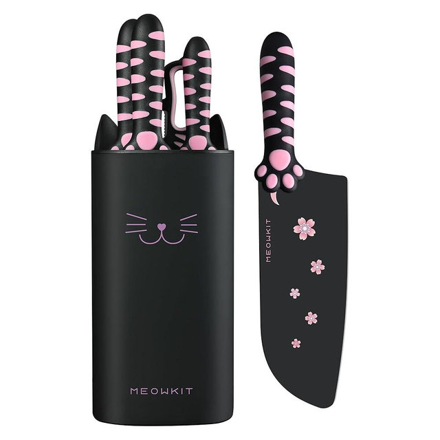 MEOWKIT Cute Kitchen Knife Set,5-piece Non-Stick Knives Set with Detachable Block and Scissors,Sharp Kitchen Knives for Chopping, Slicing, Dicing and Cutting for Home Kitchen
