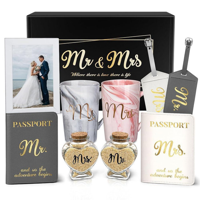 Linkax Wedding Engagement Bridal Shower Gifts for Couples Newlyweds Bride Groom Wife Honeymoon Anniversary, Mr and Mrs Coffee Mugs Set, Sand Jars Luggage Tags Passport Holder Presents