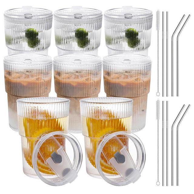 RÉΑLWÁY 16 OZ Reusable Iced Coffee Cups with Lids and Straws, Clear Plastic Iced Coffee Glasses with Lids Reusable to Go Coffee Cups for Iced Tea,Juice,Water, BPA Free, Dishwasher Safe, Set of 8