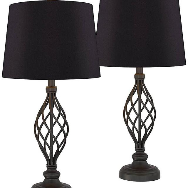 Annie Farmhouse Industrial Style Table Lamps Set of 2 Bronze Metal Open Scroll Black Faux Silk Drum Shade for Living Room Bedroom House Bedside Nightstand Home Office Family - Franklin Iron Works